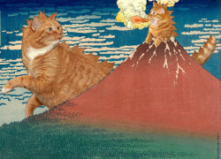 Katsushika Hokusai, South Wind, Clear Sky, Fire Breath,, aka Red Fuji and Ginger Catzillas
