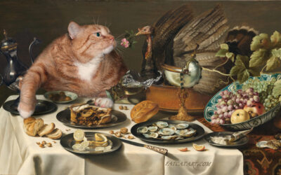 Pieter Claesz, Still Life with Turkey Pie and the Cat interested in it